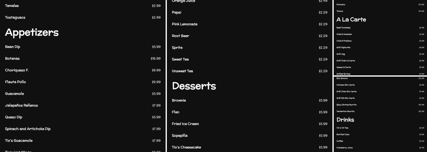 Tios Bar & Grill Menu