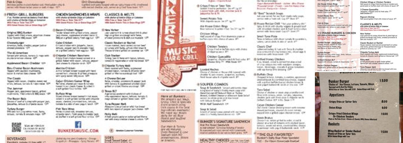 Bunker's Music Bar & Grill Menu