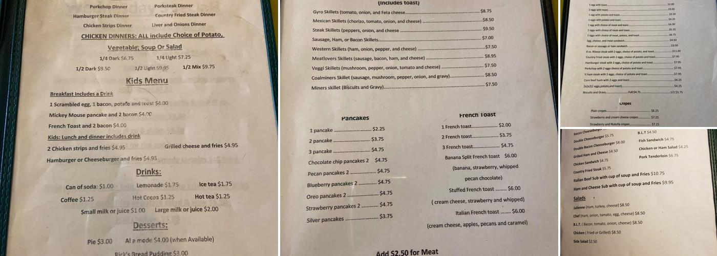 Coal Miner's Cafe Menu