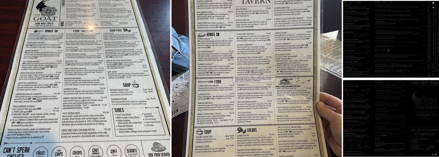 The Goat and Clover Tavern Menu