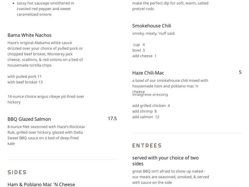 Haze Smokehouse Menu