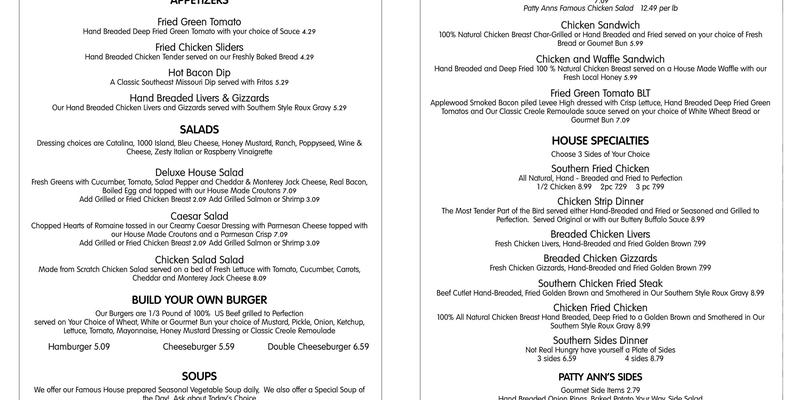 Patty Anns Menu