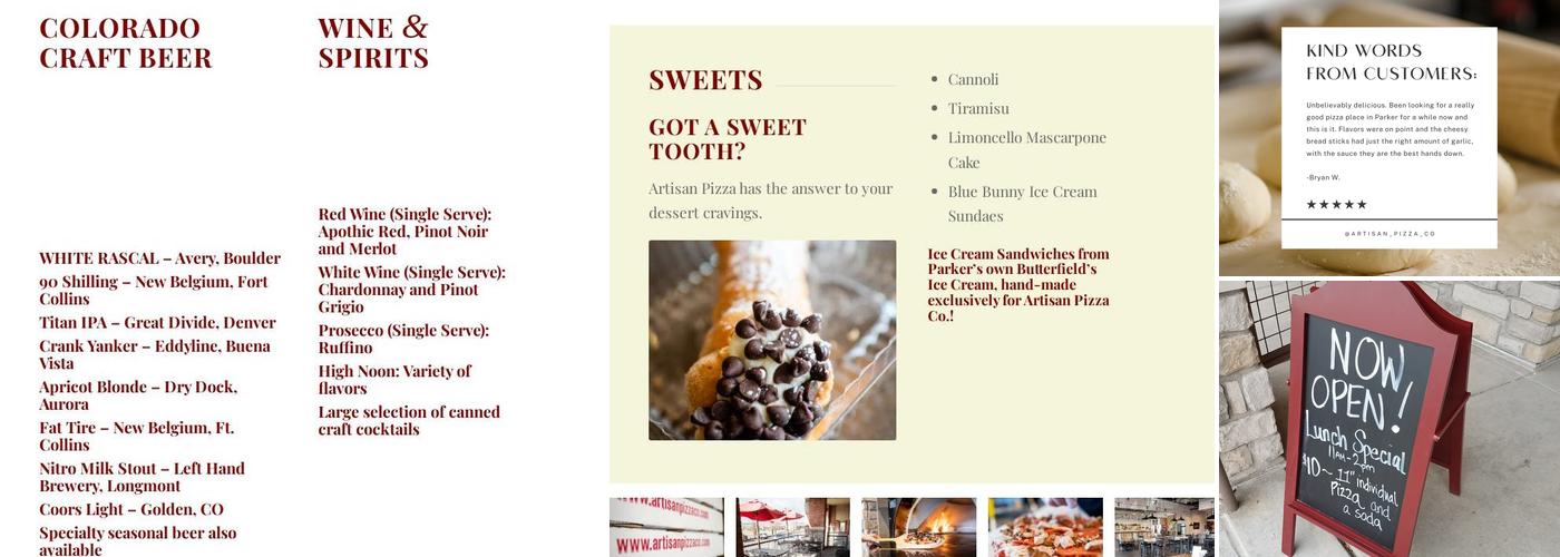 Artisan Pizza Co Menu