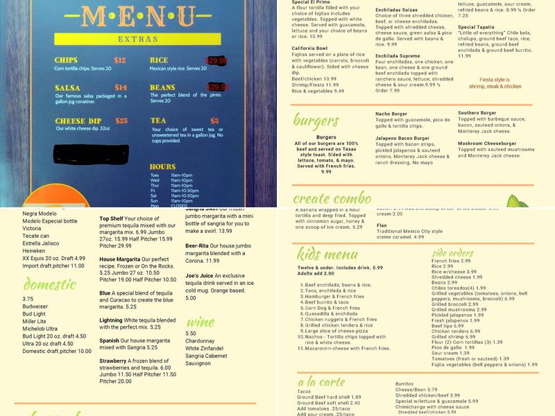 Las Lomas Restaurante Mexicano Menu