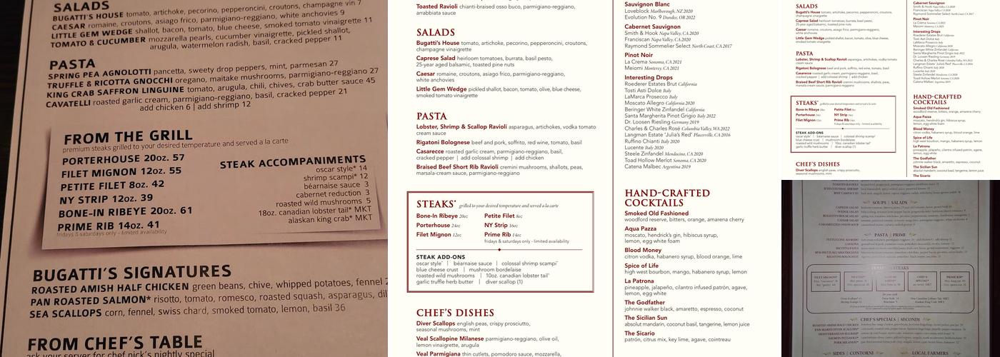 Bugatti's Steak & Pasta Menu