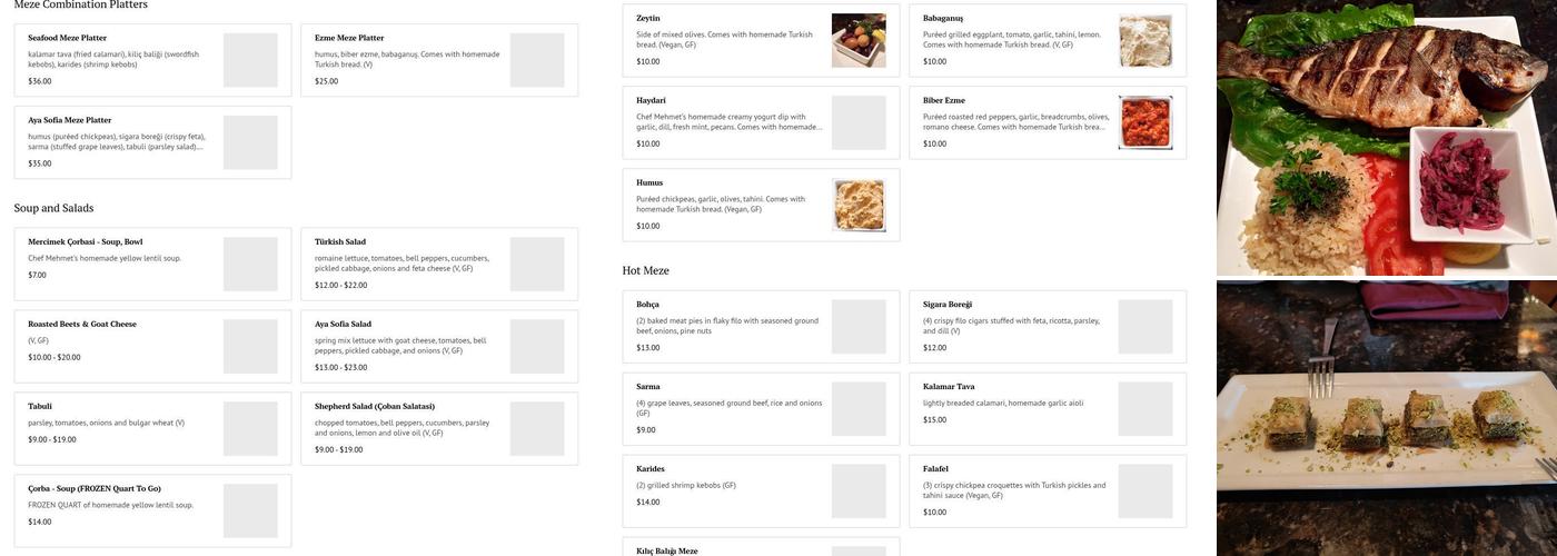Aya Sofia Restaurant Menu