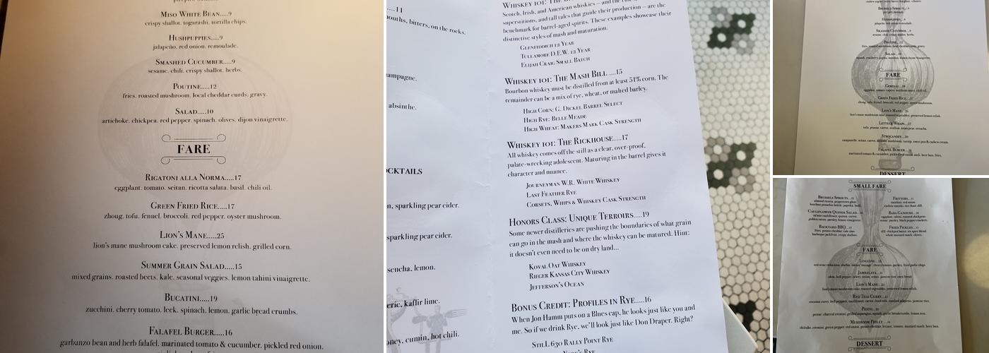 Small Batch Whiskey & Fare Menu