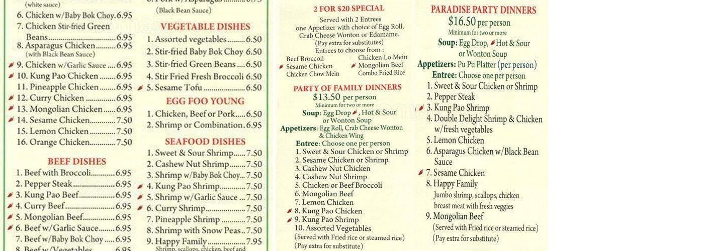 Paradise Asian Cafe Menu