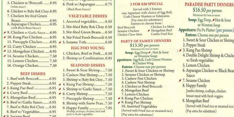 Paradise Asian Cafe Menu