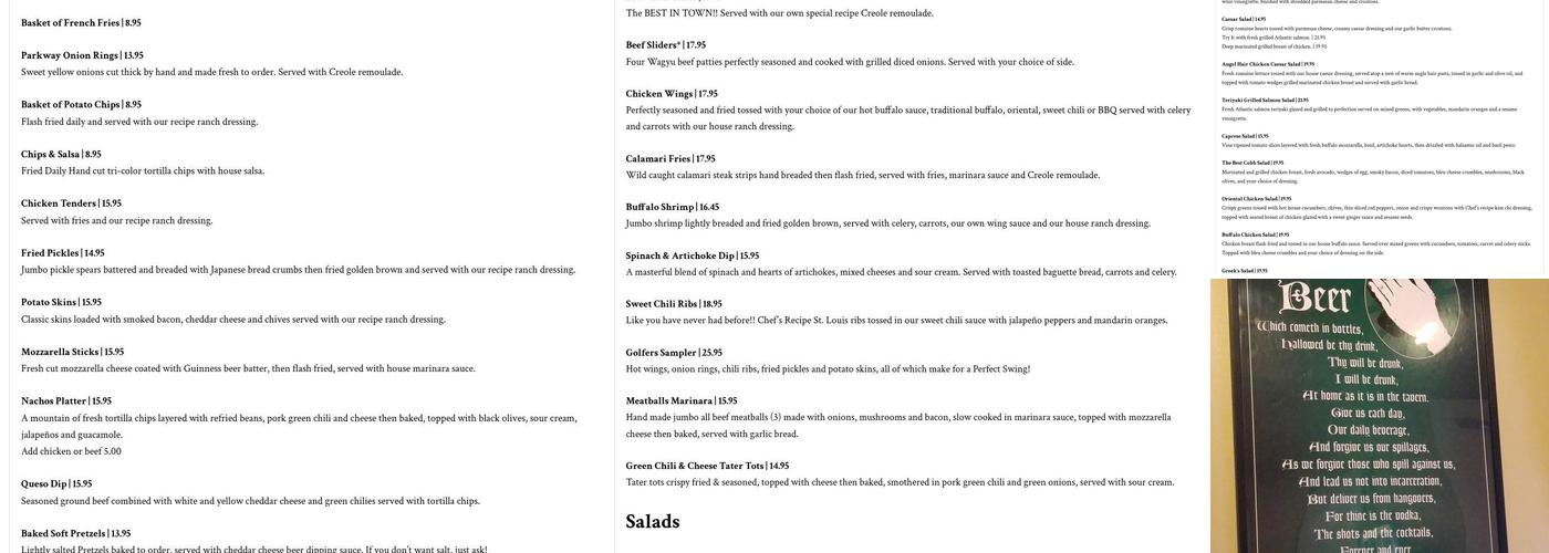 Parkway Bar and Grill Menu