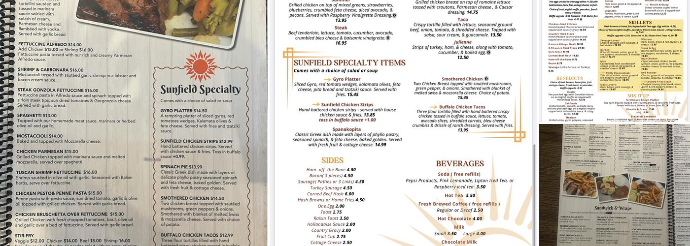 Sunfield Restaurant Menu