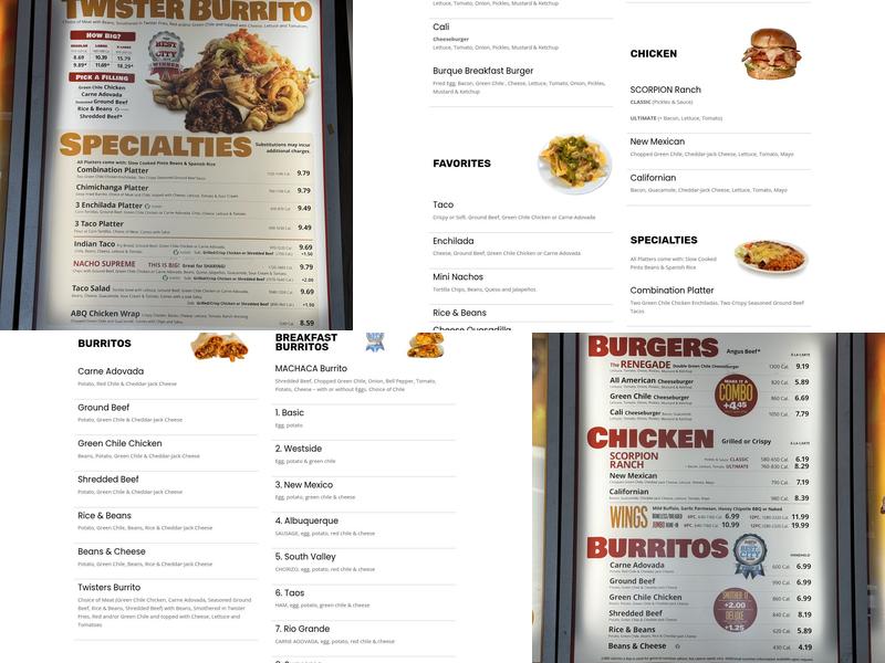 Twisters Burgers and Burritos Menu