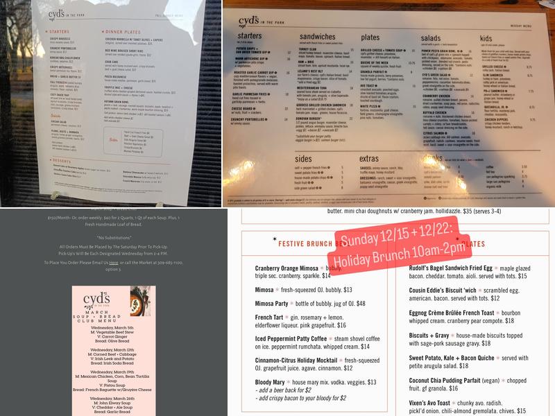 Cyd’s in the Park Menu