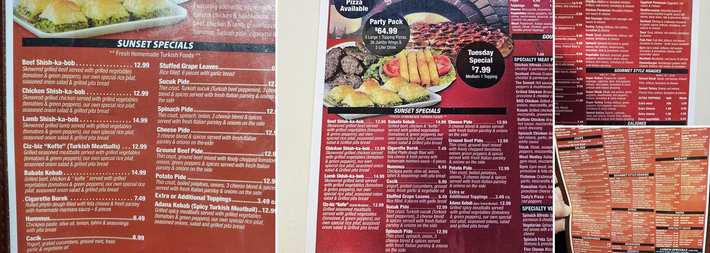 Sunset Pizza & Grille Menu