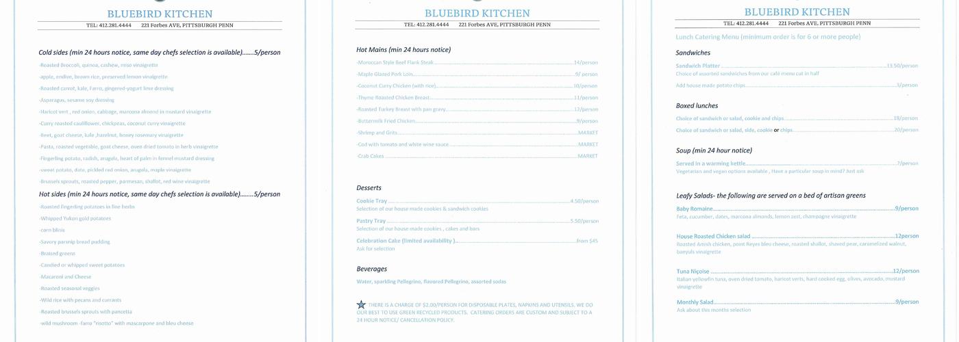 Bluebird Kitchen Menu