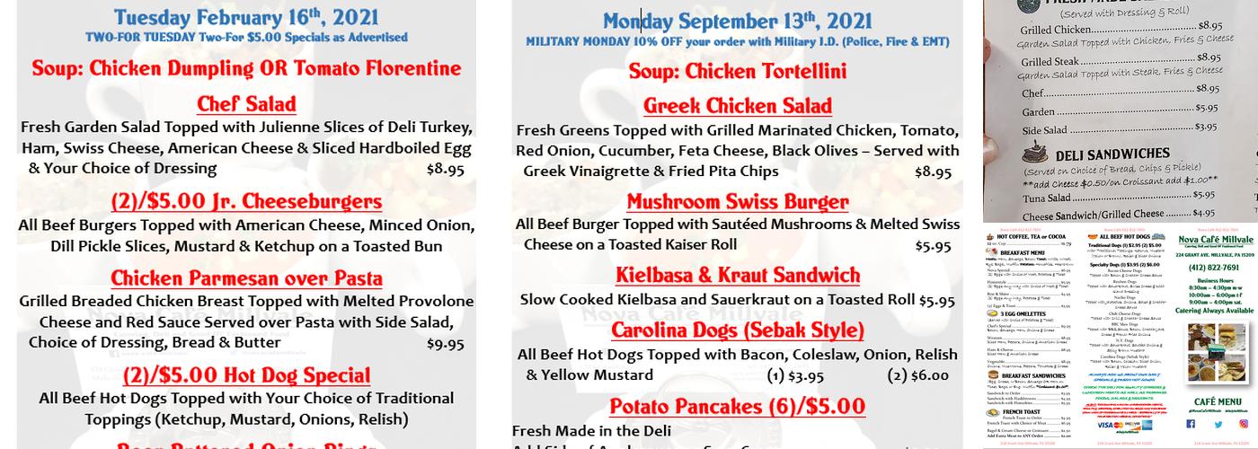 Nova Cafe Millvale Menu