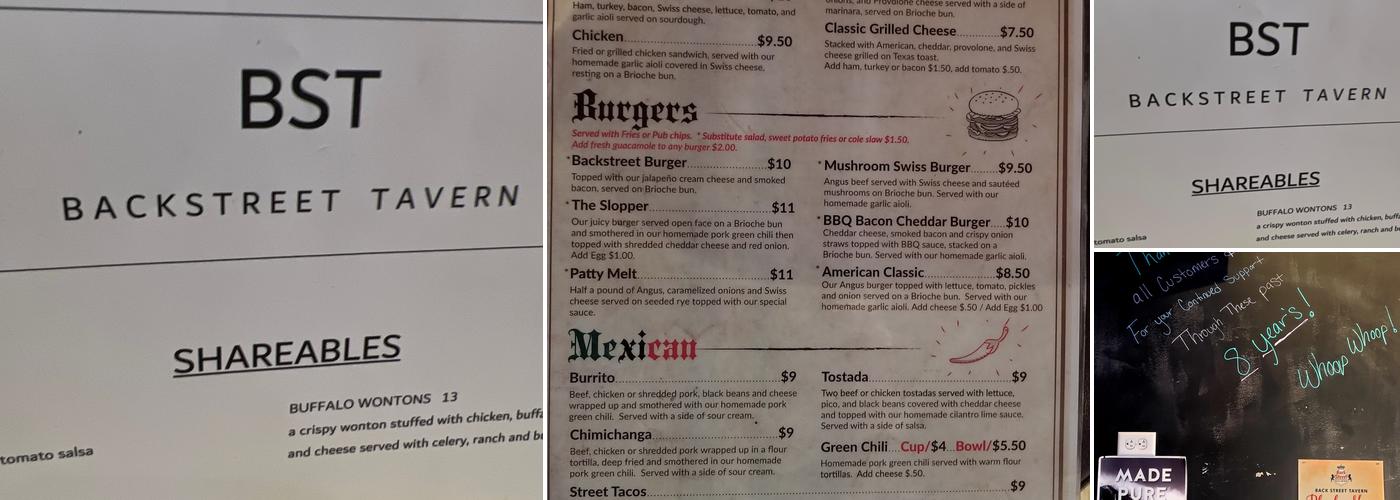 Backstreet Tavern and Grill Menu
