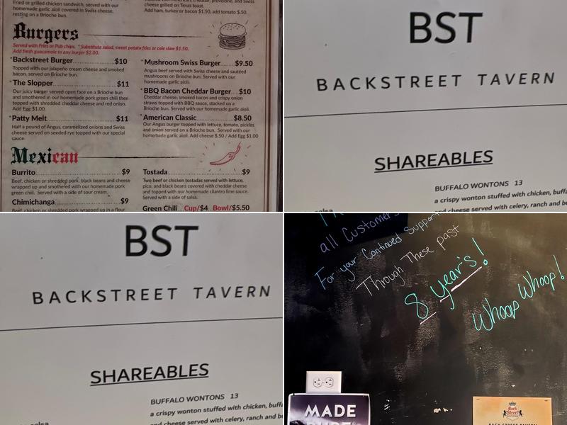 Backstreet Tavern and Grill Menu