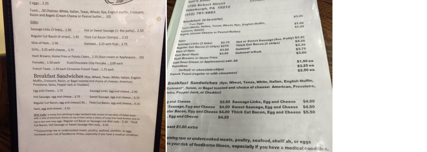 Don's Diner Menu