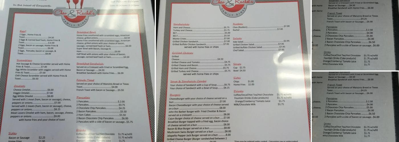 Chev & Rachel's Family Diner Menu