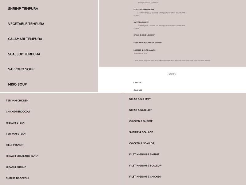 Sapporo Japanese Steak House Menu