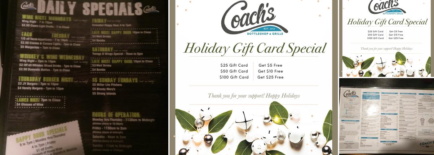 Coach's Bottleshop & Grille Menu