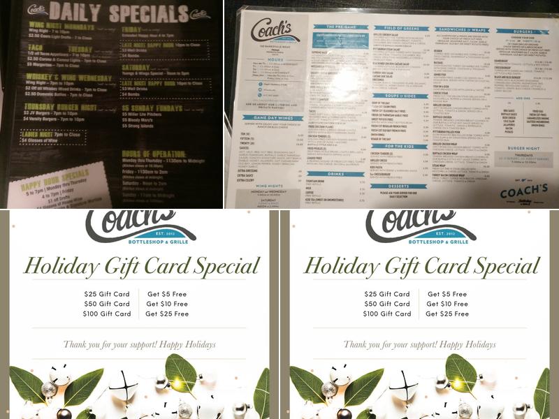 Coach's Bottleshop & Grille Menu