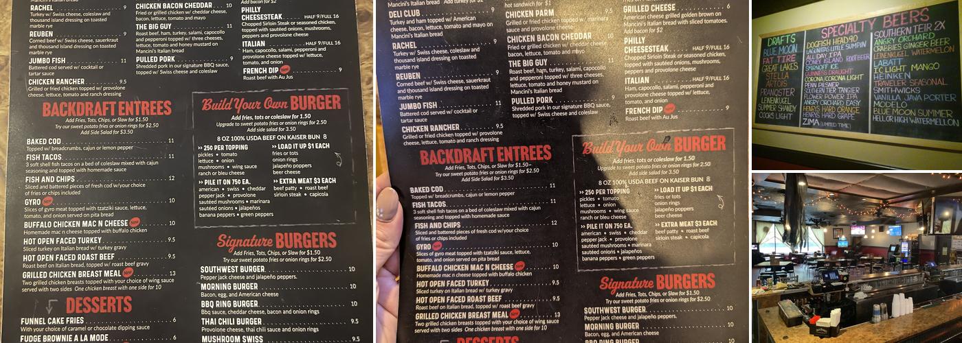 Backdraft Bar and Grill Menu