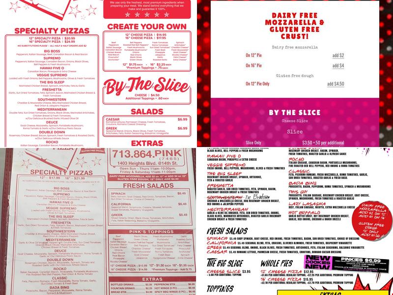 Pinks Pizza Menu