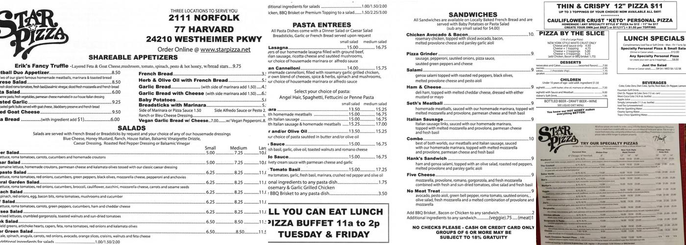 STAR PIZZA Menu