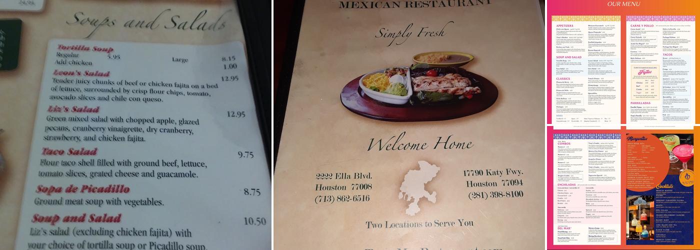 Tony's Mexican Restaurant Menu