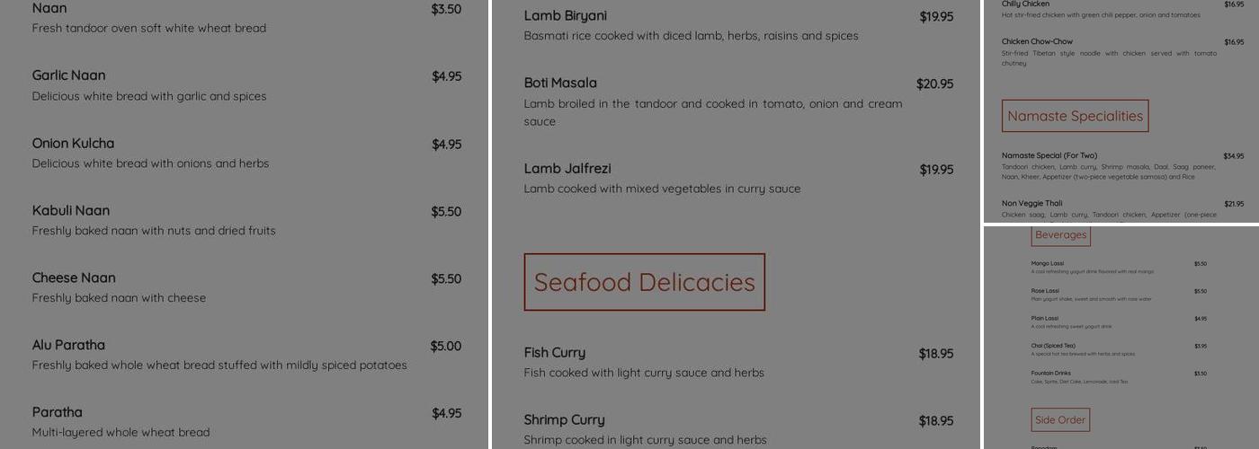 Namaste: Cuisine of India and Nepal Menu