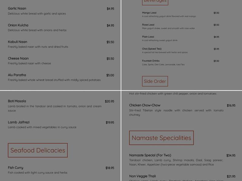 Namaste: Cuisine of India and Nepal Menu