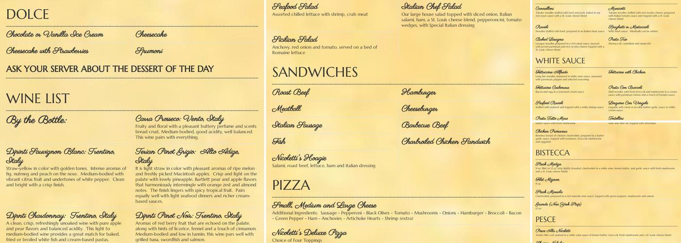 Nicoletti's Menu