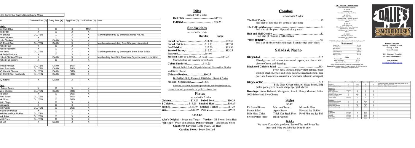 Dalie's Smokehouse Menu
