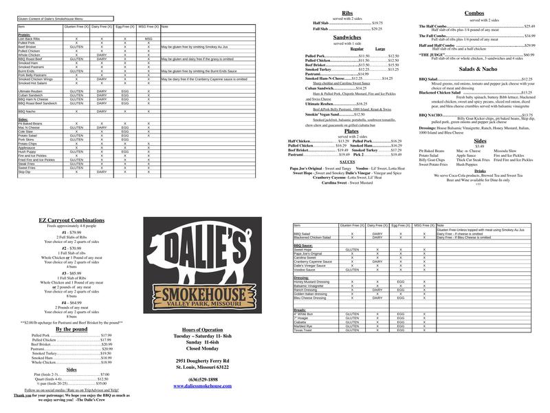 Dalie's Smokehouse Menu