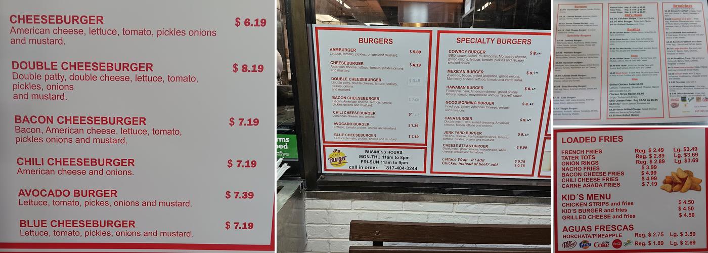 J's Casa Burger Menu