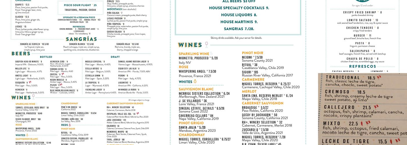 Pisco Y Nazca Ceviche Gastrobar Menu