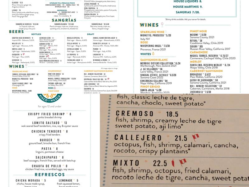 Pisco Y Nazca Ceviche Gastrobar Menu