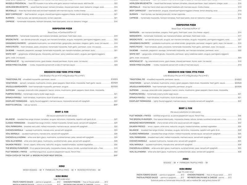 Apizza Brooklyn Resto + Vino - Pinecrest Menu