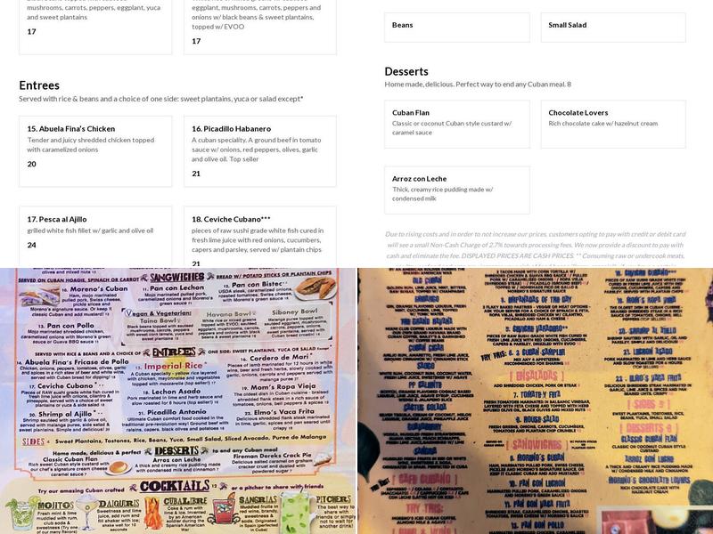 Moreno's Cuba Menu