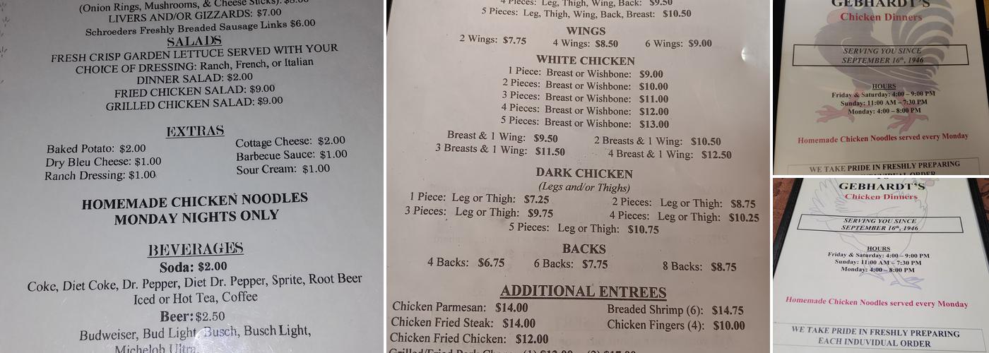 Gebhardt's Chicken Dinners Menu