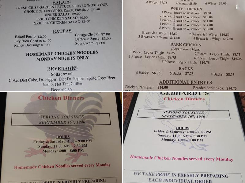 Gebhardt's Chicken Dinners Menu