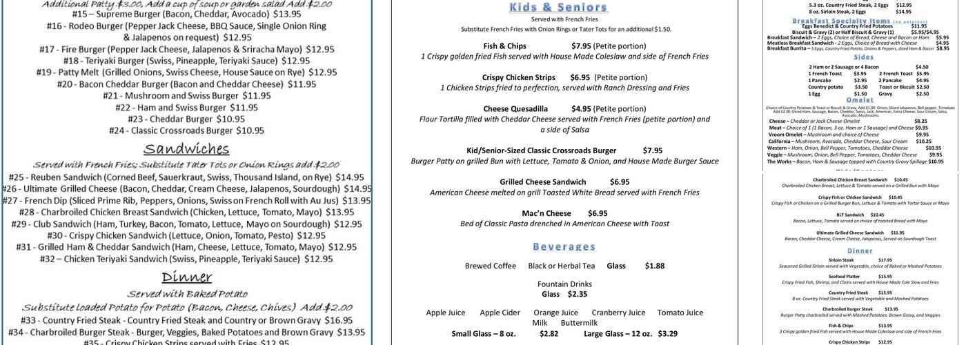 The Crossroads Cafe Menu