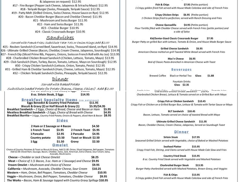 The Crossroads Cafe Menu