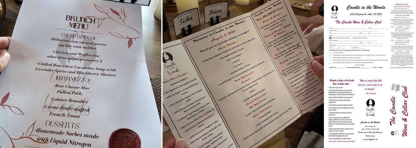 Candle in the Woods Menu