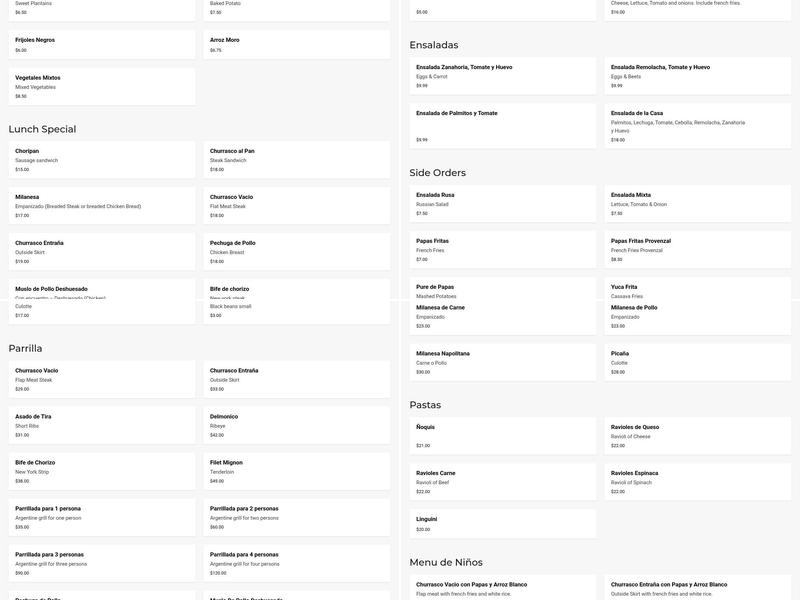 La Nueva Argentina Menu