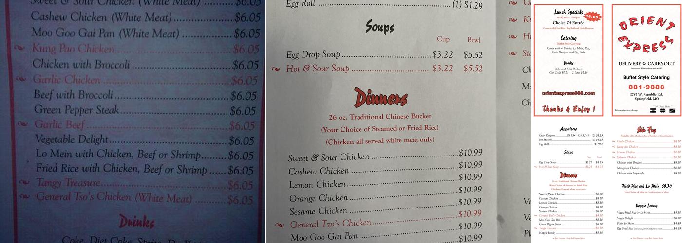 Orient Express Delivery Menu