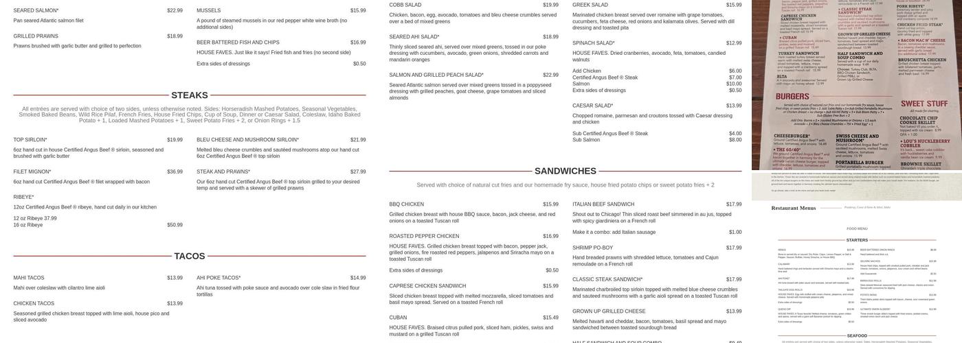 Sweet Lou's Restaurant and Bar Menu