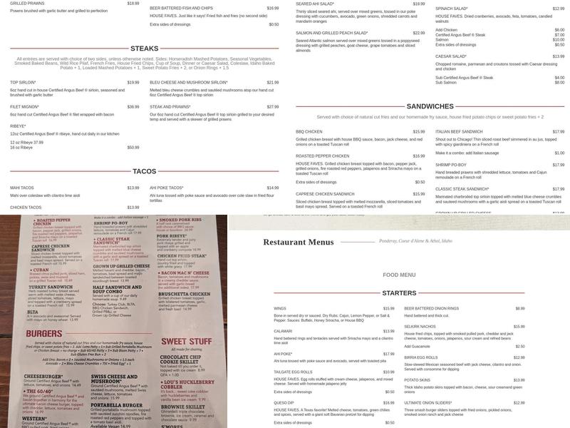 Sweet Lou's Restaurant and Bar Menu
